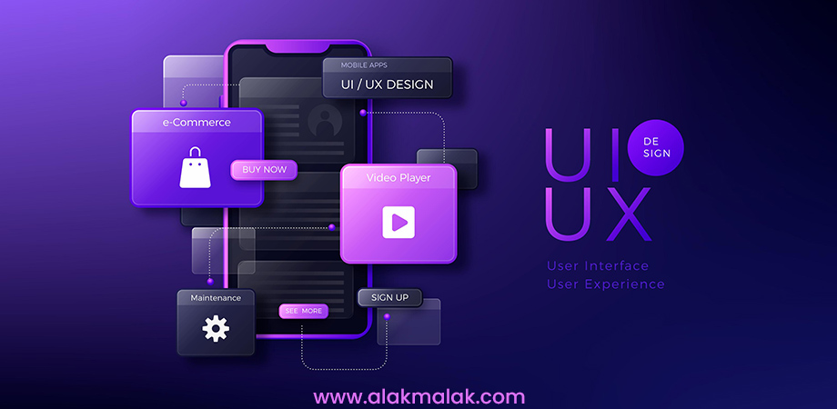 Illustration of UI/UX design components: e-commerce, video player, sign-up forms, mobile apps, and maintenance interconnected, emphasizing the importance of prioritizing a seamless user experience in website redesign.