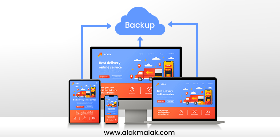 An illustration of website backup: cloud icon labeled "Backup" with arrows from desktop, laptop, and mobile devices, emphasizing the importance of safeguarding WordPress sites.