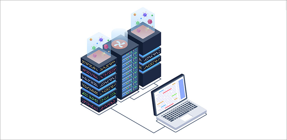 Illustration of website hosting: server racks connected to a laptop, highlighting the challenge of choosing the right hosting solution for WordPress, ensuring performance, security, and scalability.
