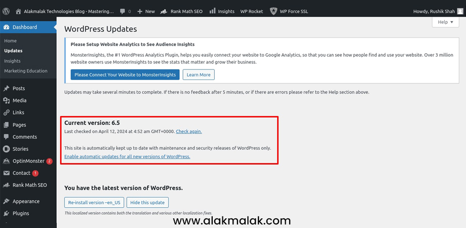 A WordPress dashboard screenshot displays version 6.5 in the Updates section, highlighting the challenge of maintaining security and functionality by keeping installations updated.