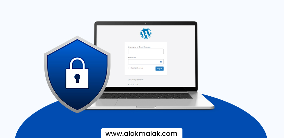 A laptop shows the WordPress login screen with security symbols, highlighting concerns about protecting WordPress sites.